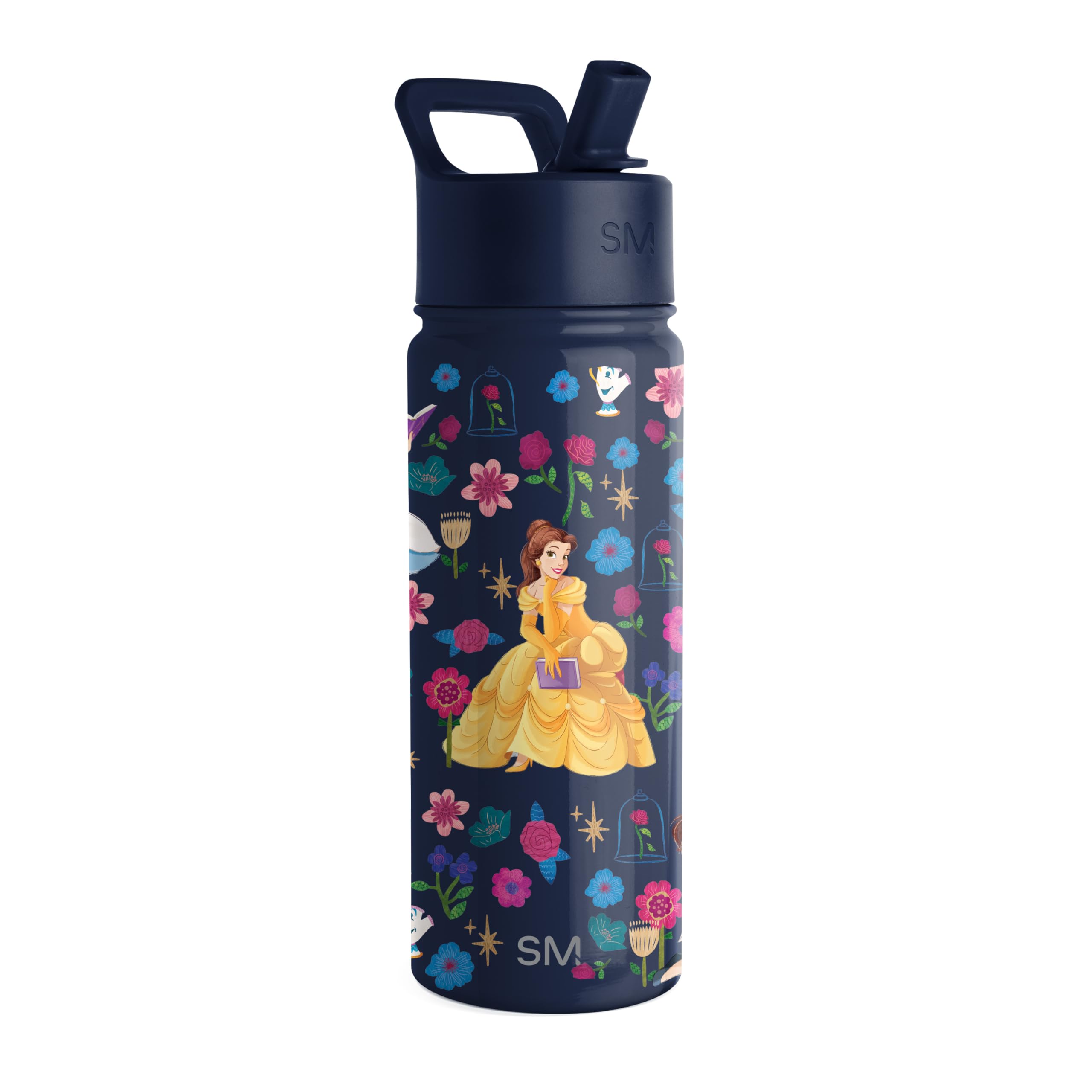 Simple ModernDisney Princess Belle Kids Water Bottle with Straw Lid | Reusable Insulated Stainless Steel Cup for Girls, School | Summit Collection | 18oz, Belle's Garden