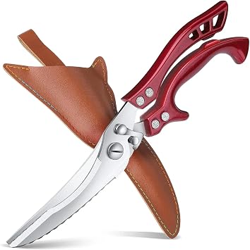 Dream Reach Poultry Shears Red - Heavy Duty Stainless Steel Kitchen Shears | Serrated Edge, Spring Loaded Rust Resistant, Multipurpose for Chicken Turkey Fish, Gift for Men Women