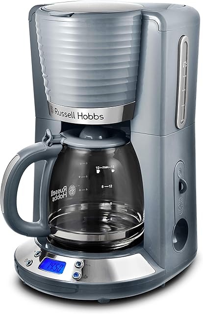 Russell Hobbs ekspres do kawy, przelewowy, sprawniejsze parzenie, podtrzymywanie temperatury, timer, funkcja przerwania parzenia, pojemność 1,25l, chromowany, szary, Inspire 24393-56
