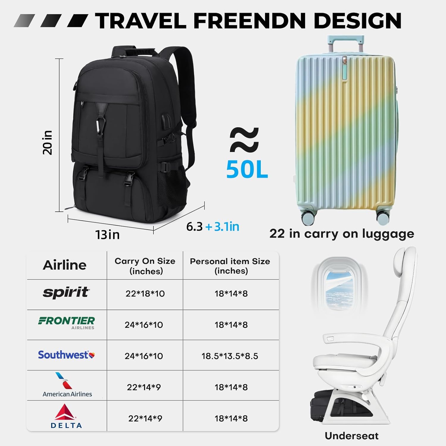 17.3 Inch gym backpack with shoe compartment,50L Multiple Compartments Backpacks, Airline Approved Carry on Travel Daypack Anti Theft with USB Charging Port,for Men Women Travel Work Business - Image 2