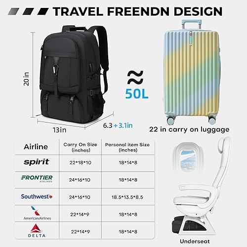 Miniatura 2 de Mochila de gimnasio de 17.3 pulgadas con compartimento para zapatos, mochilas de múltiples compartimentos de 50 L, mochila de viaje aprobada por