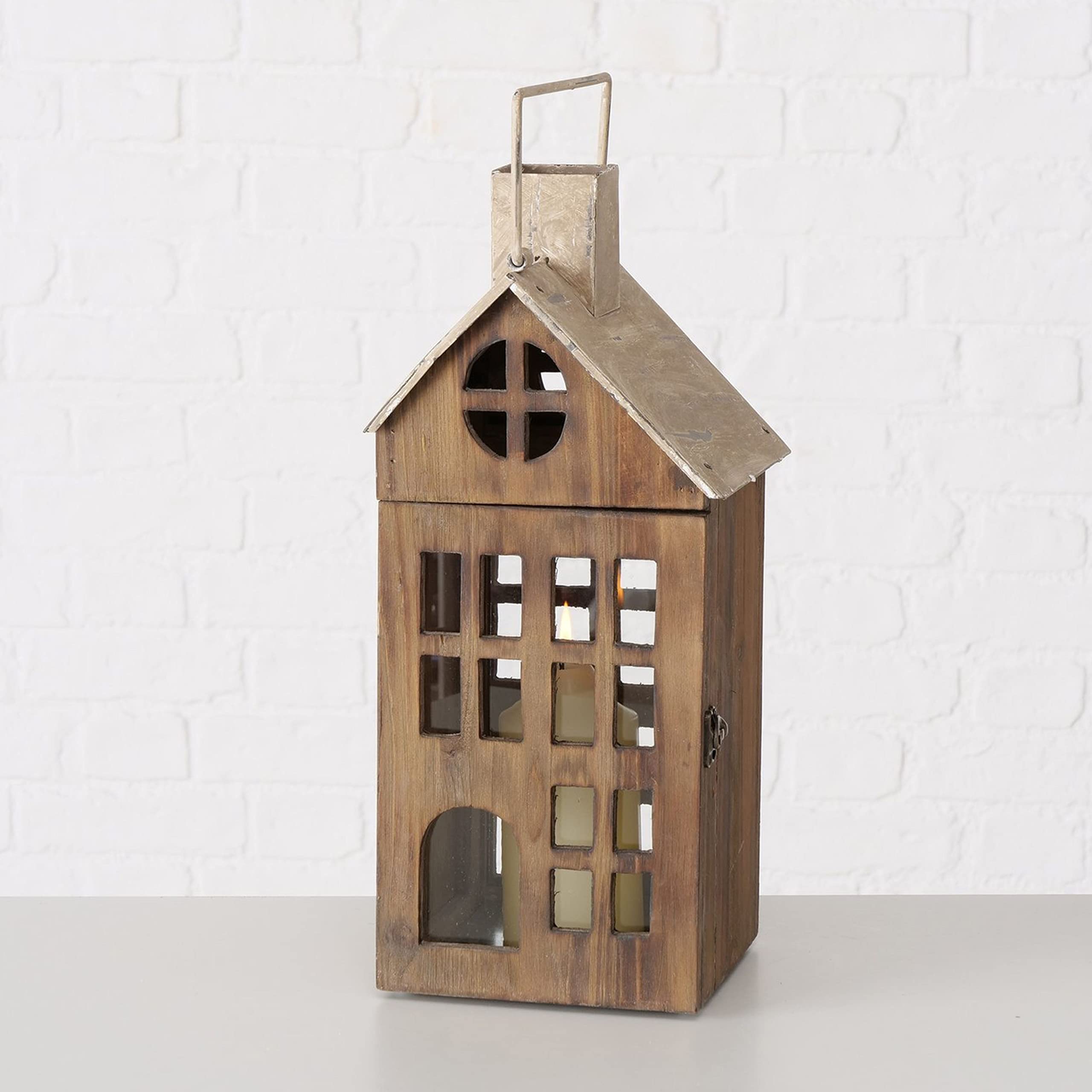 BOLTZE 2tlg. Set Laterne Marling braun aus Holz I Höhe 40cm & 58cm I Deko-Windlicht, Kerzenhalter I Teelicht-Haus I Weihnachts-Dekoration zum Hinstellen I Wohnzimmer, Esstisch I Advent Christmas