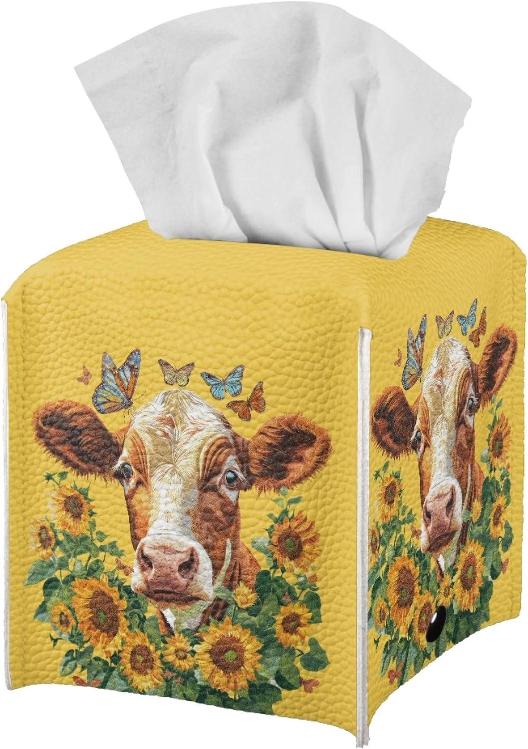 ZFRXIGN Cow Tissue Box Holder Square Tissue Box Cover Decorative PU Leather Napkin Organizer Dispenser for Night Stands Bathroom Home Decor Sunflower Facial Paper Holder