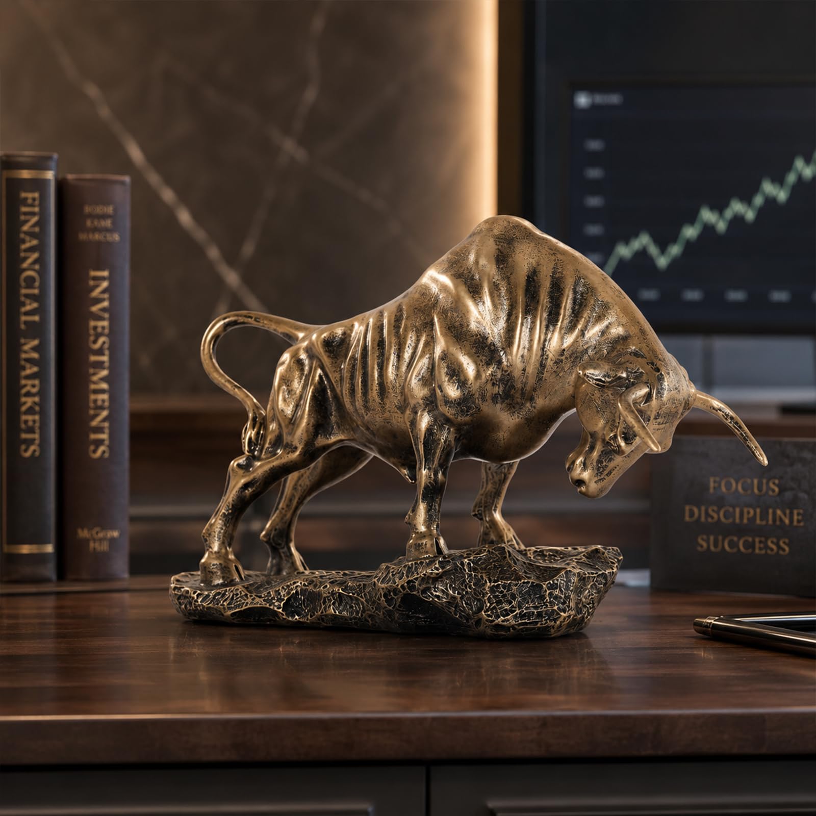 Statua di toro di Wall Street, scultura da scrivania in resina a forma di toro, ornamento del mercato azionario per mensola da ufficio, mensola da tavolo, consulente finanziario, decorazione