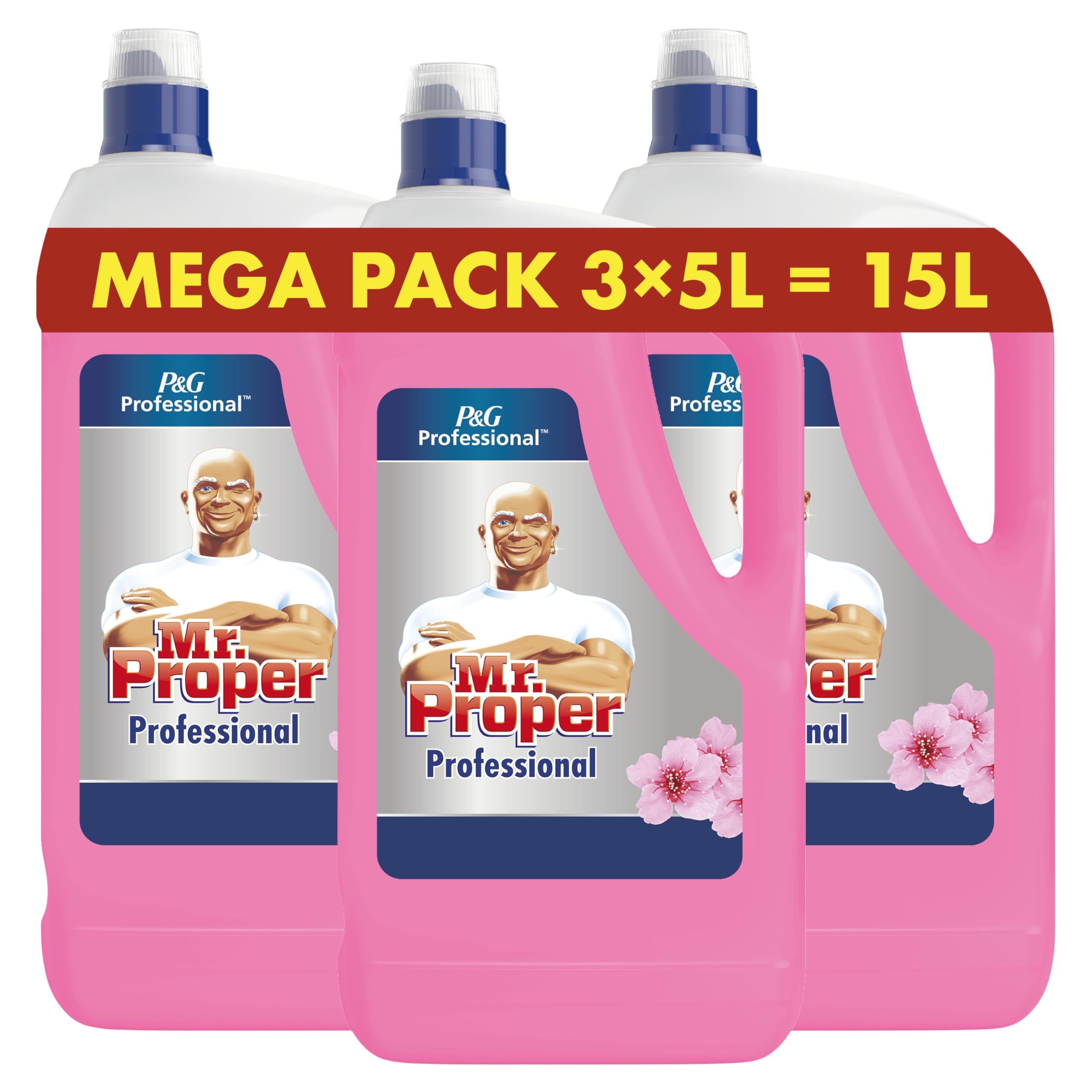 Mr. Proper Professional Allzweckreiniger Kirschblüte, 15L (3 x 5 L), Entfernt Hartnäckige Verschmutzungen 40 % Schneller, für den Einsatz in Großküchen, Büros, Kliniken und Krankenhäusern