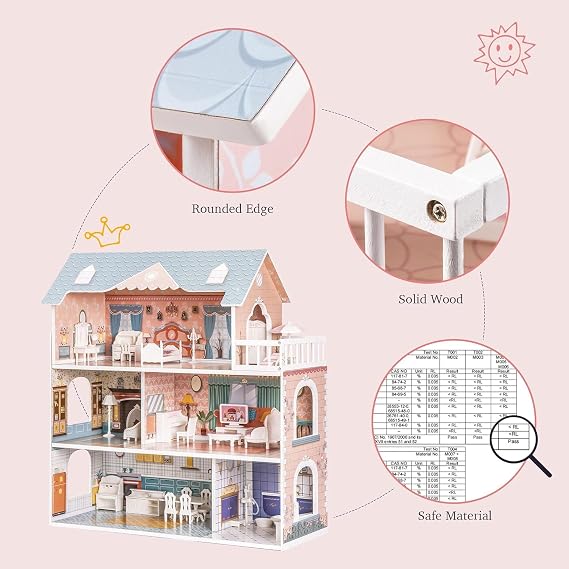ROBUD Wooden Dollhouse for Kids Girls, Toy Gift for 3 4 5 6 Years Old, with Furniture Blue