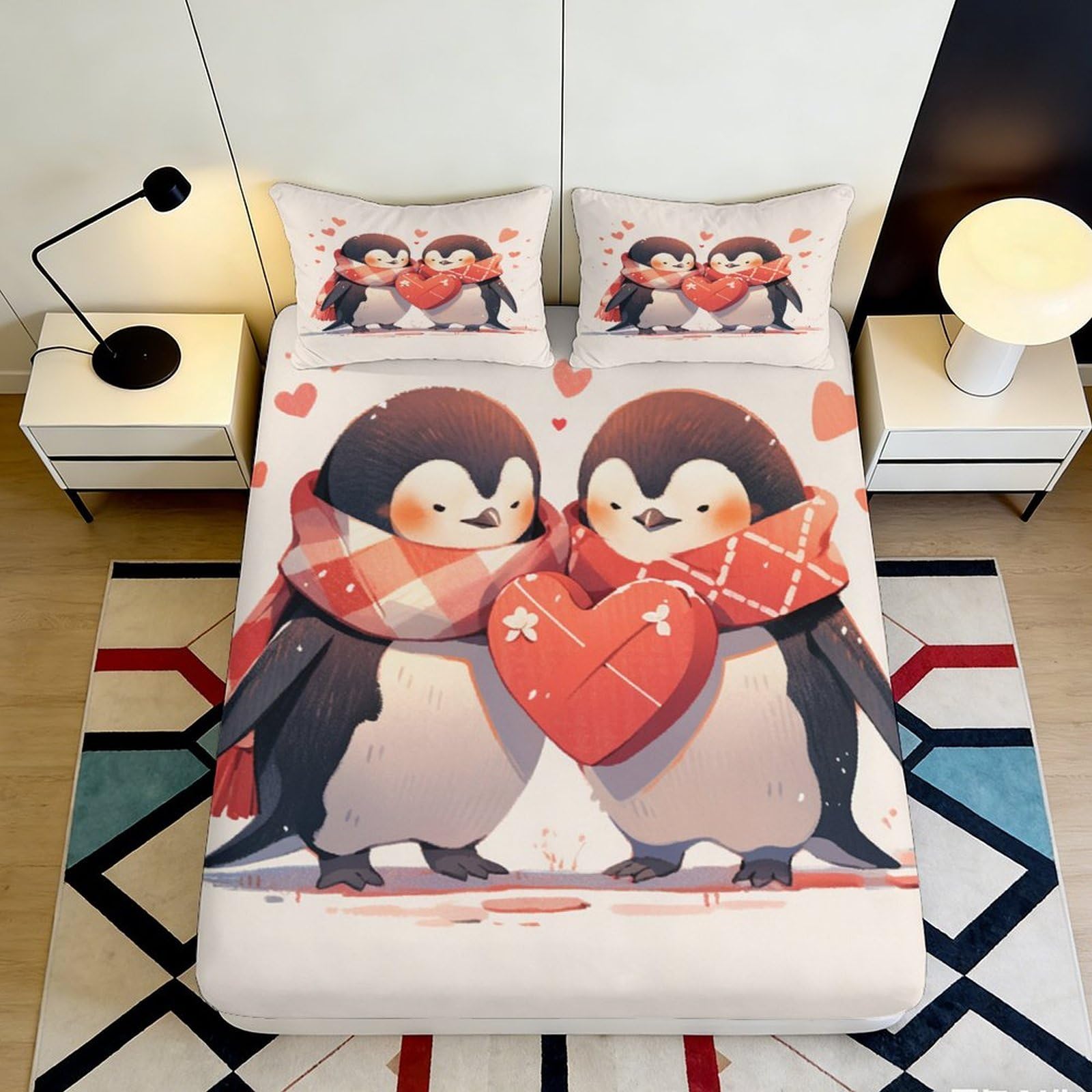 3D Printed Cute Penguin Couple Fitted Sheet Microfiber Soft Heart Pattern Bed Cover for Bedroom Guest Room Dorm Decor 90x200x25cm