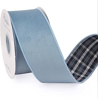 Ribbli Dusty Blue Velvet Wired Ribbon with Plaid Reversible 2.5 Inch Christmas Ribbon for Gift Wrapping Christmas Tree Decoration Crafts Wreaths Supplies-Continuous 10 Yards