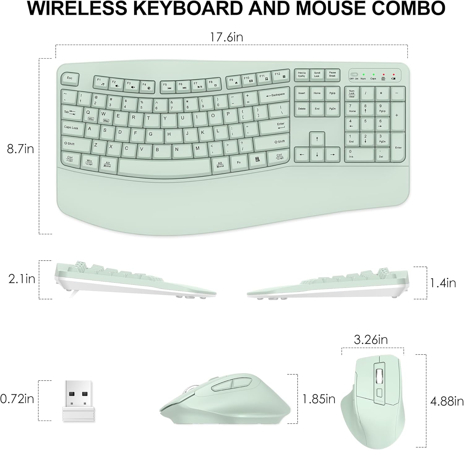 Wireless Keyboard and Mouse Combo, 2.4G Full Size Wave Keys Ergonomic Keyboard with Wrist Rest and 3-Level DPI Adjustable Wireless Ergonomic Mouse for Windows, Mac OS Desktop/Laptop/PC(Avocado Green)