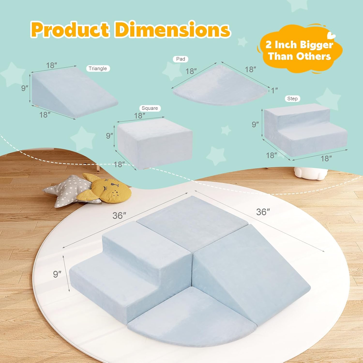 4-Piece Foam Climbing Blocks for Toddlers, Soft Climbing Toys for Kids, Climbing Block Toys, Baby Indoor Climb and Crawl Activity Play Set for Child Development-LightBlue