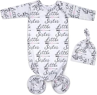 Mikccer Baby Newborn Knotted Gown 0-6 Months, Soft Breathable Sleeper Gowns, Babies Girl Coming Home Outfit Infant Little Sister Nightgowns with Hat Set