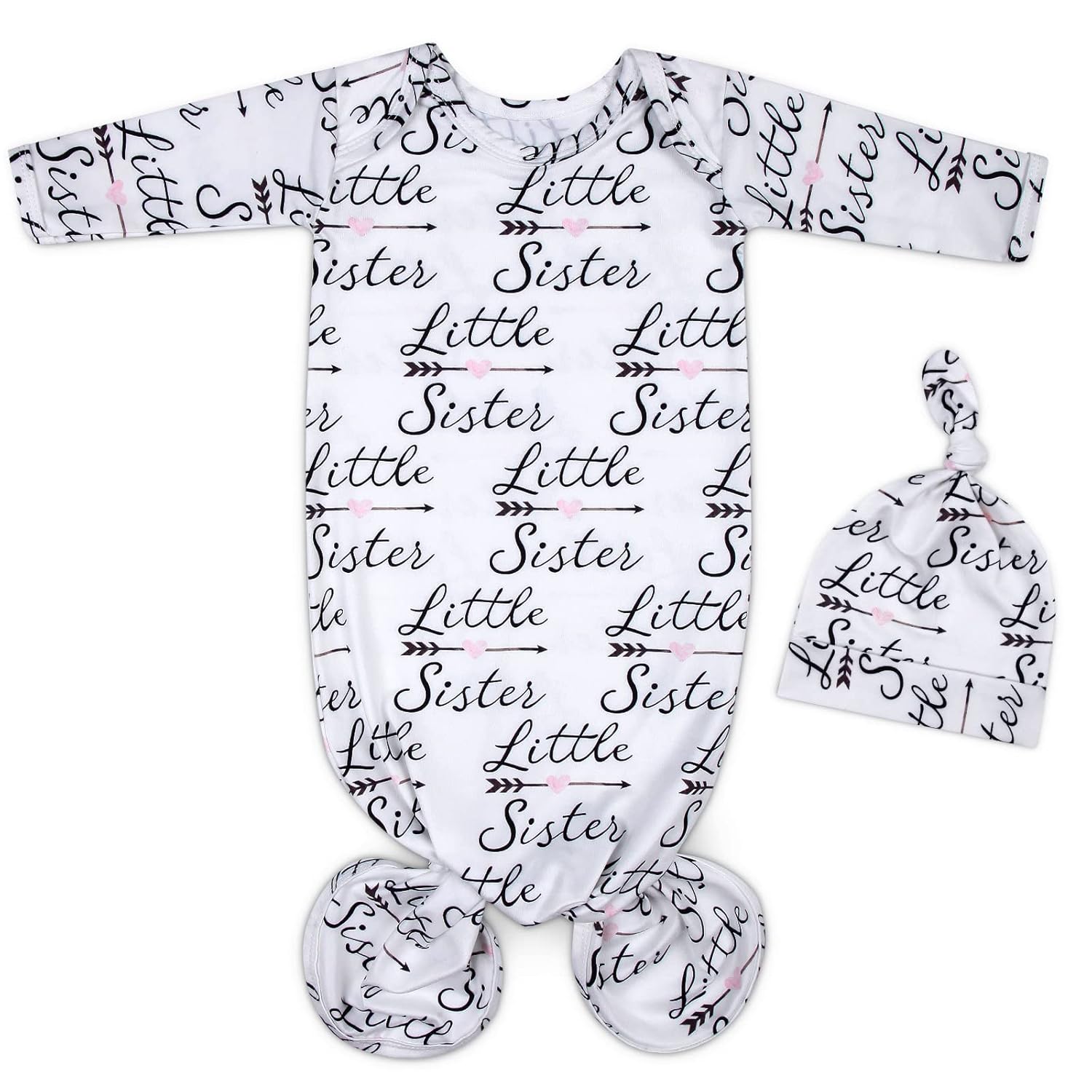 Mikccer Baby Newborn Knotted Gown 0-6 Months, Soft Breathable Sleeper Gowns, Babies Girl Coming Home Outfit Infant Little Sister Nightgowns with Hat Set