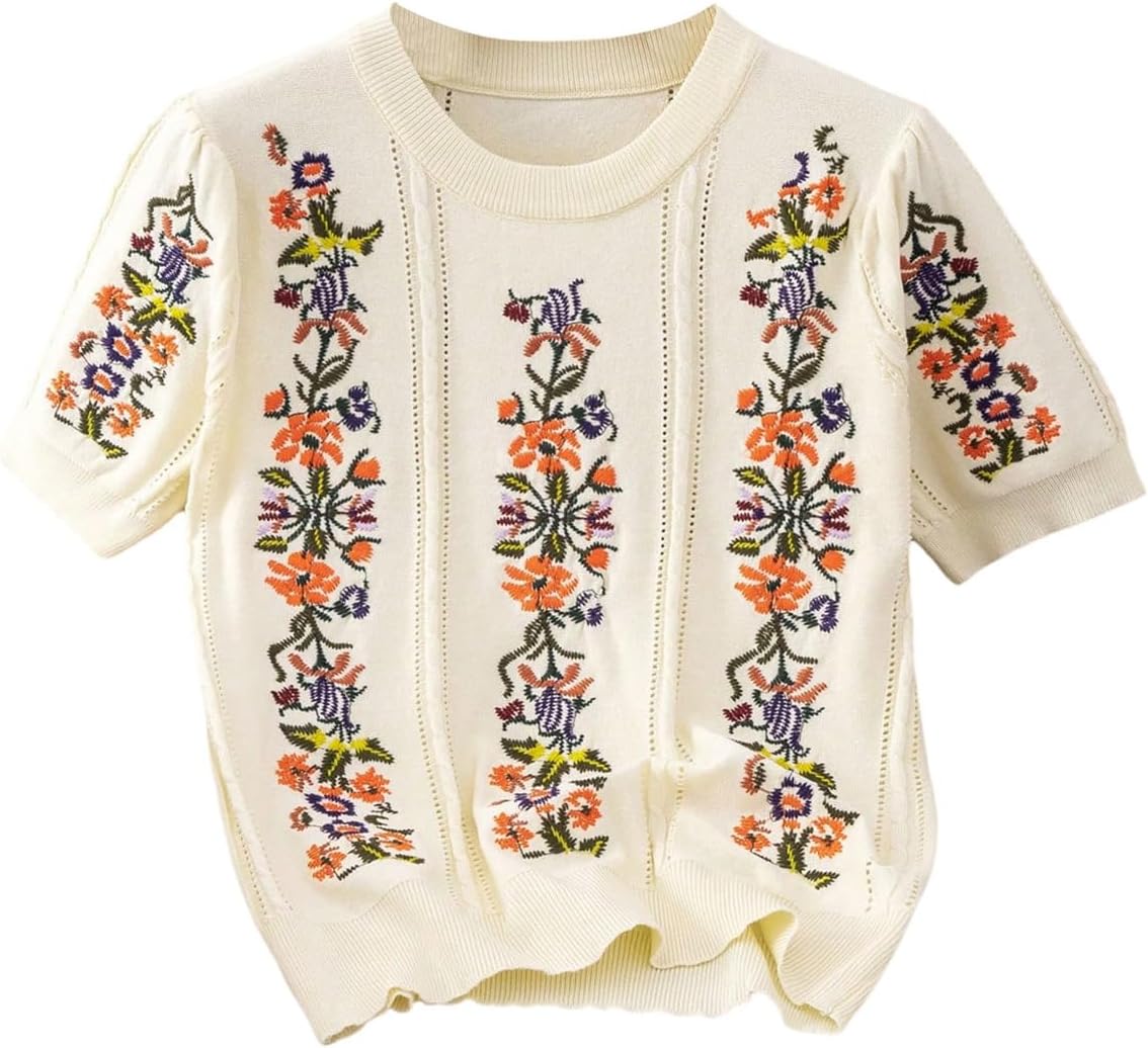 SOLY HUX Women's Floral Summer Short Sleeve Sweater Pullover Vacation Boho Knit Tops