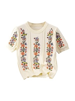 SHENHE Womens Short Sleeve Sweater Floral Embroidered Crew Neck Cable Knit Pullover Sweater