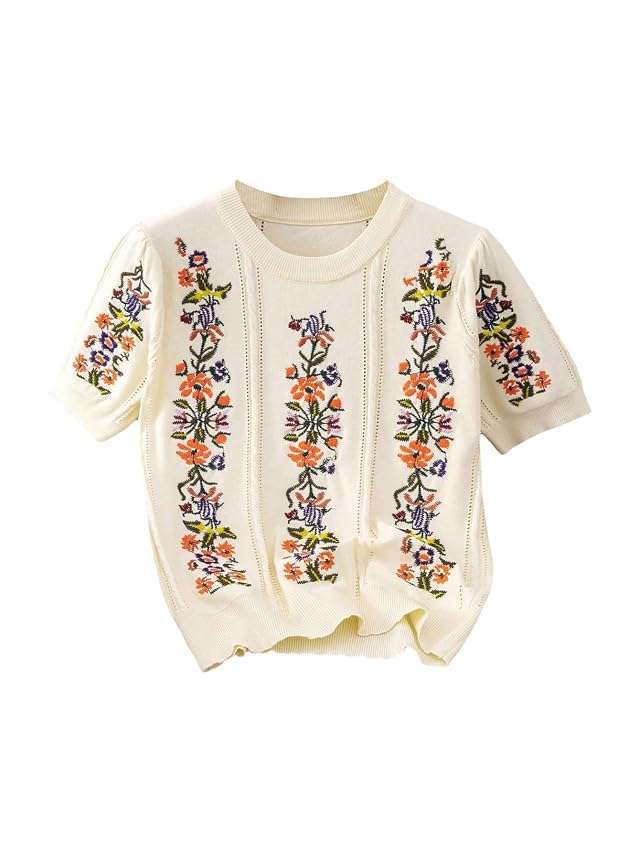 SHENHE Womens Short Sleeve Sweater Floral Embroidered Crew Neck Cable Knit Pullover Sweater
