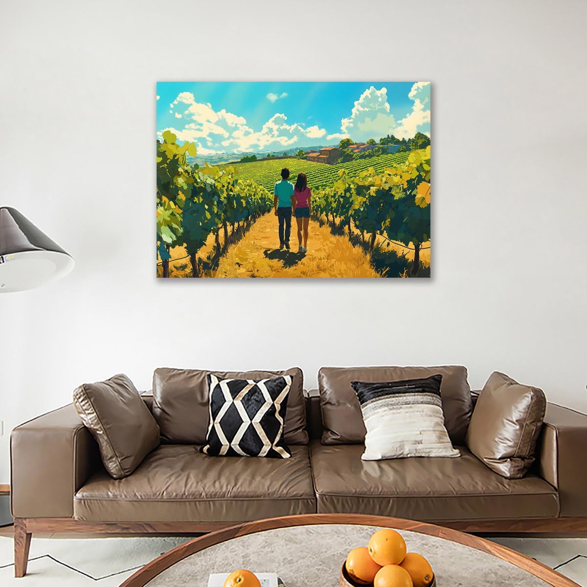 Stampa artistica da parete, motivo: una giovane coppia che cammina nel vigneto Piemonte, stile animazione, arte su tela per la decorazione della casa (1,80 x 120 cm (senza cornice)