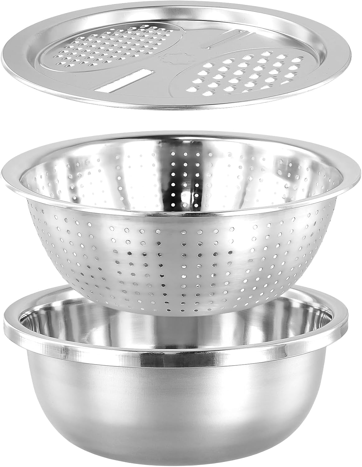 FUNSUEI Set of 3 Stainless Steel Pasta Strainers, Bowl with Grater and Strainer, Kitchen Strainer, Salad Strainer, Stainless Steel, Rice Washing Bowl for Vegetables, Fruits, Pasta, Rice