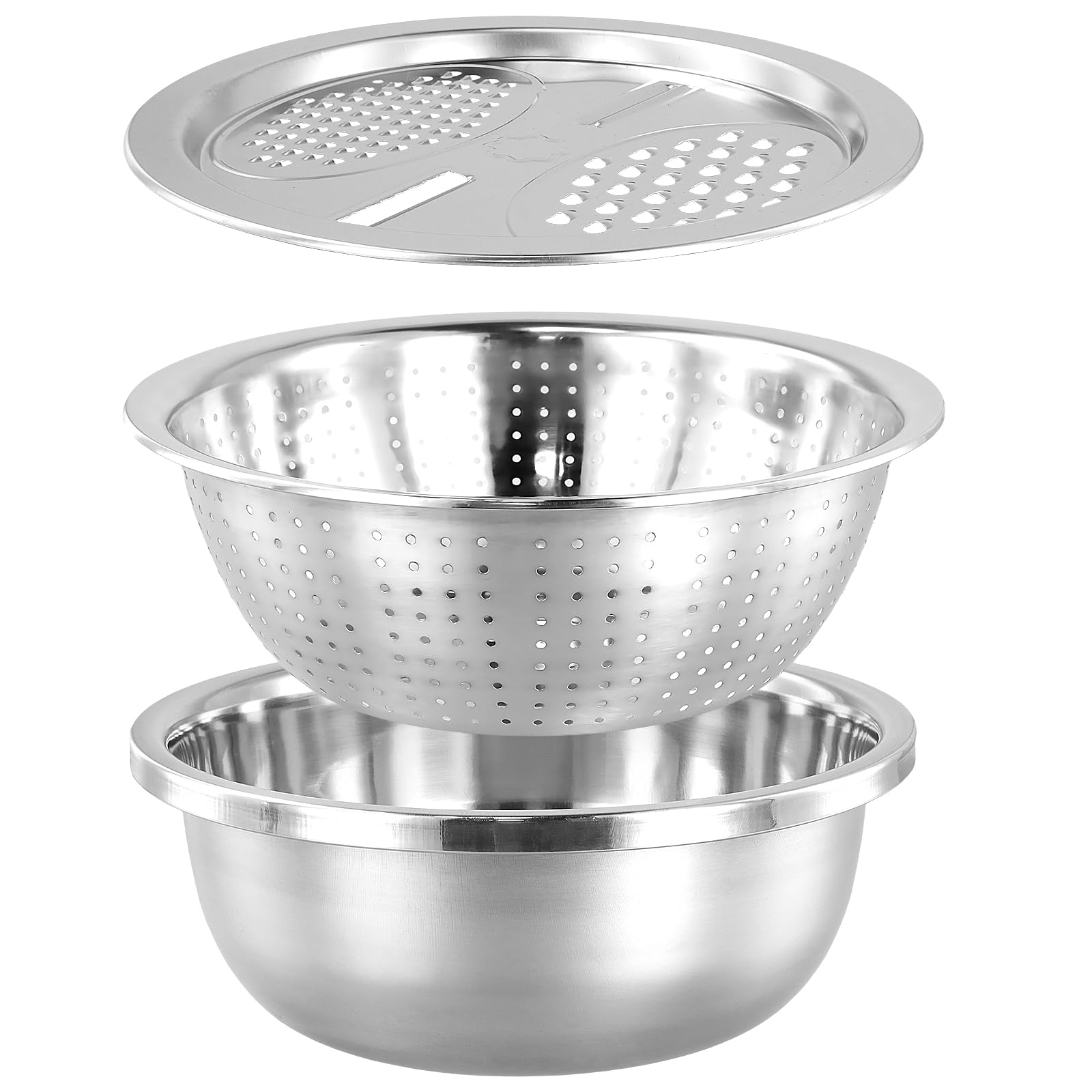 FUNSUEI Set di 3 colino per pasta in acciaio inox, ciotola con grattugia e colino, colino da cucina, colino per insalata, scolapasta in acciaio inox, ciotola per il lavaggio di verdure, frutta,