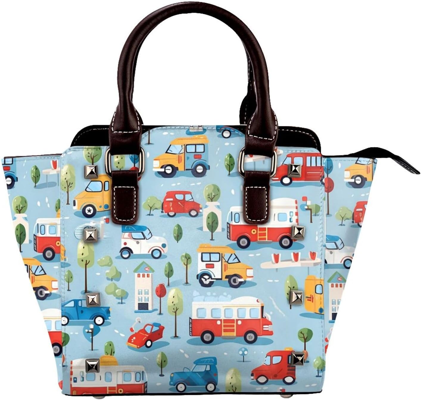 Leather Shoulder Bag for Women, Rescue Vehicles Cartoon Studded Purse Cute Crossbody Handbags Punk Hobo Bag with Adjustable Strap