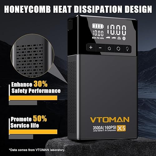 Miniatura 8 de VTOMAN Arrancador de salto X5 con compresor de aire, 3500 A portátil para batería de coche (hasta 9L de gasolina8L motores diésel) con inflador