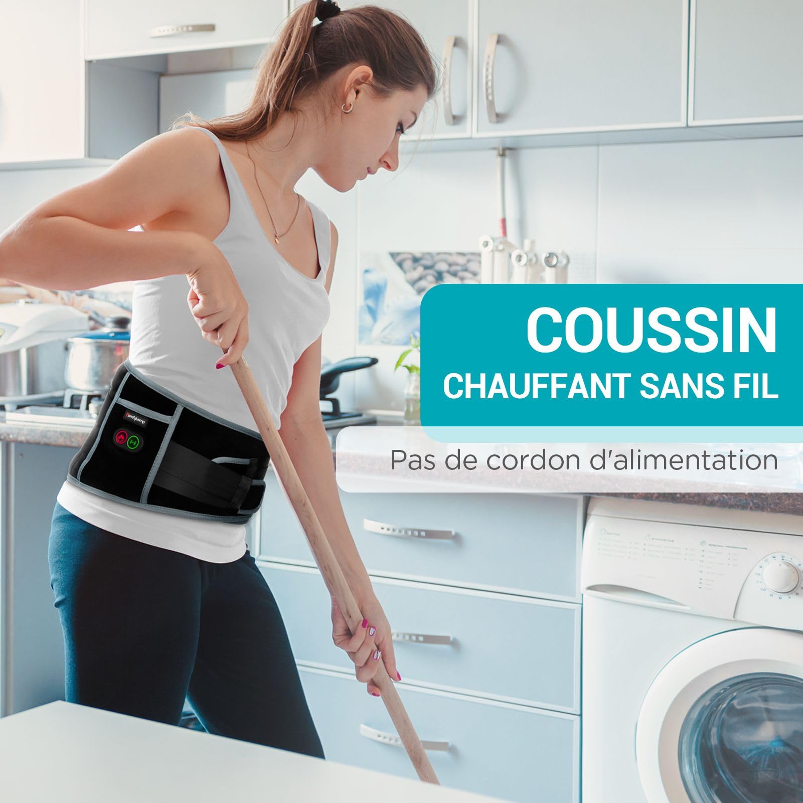 Comfytemp Ceinture Lombaire Chauffante,150x20cm Coussin Chauffant Pour La Taille Sans Fil avec 3 Modes De Massage et 3 Niveaux de Température, Ceinture Massage pour Détendre les Lombaires, Abdominales