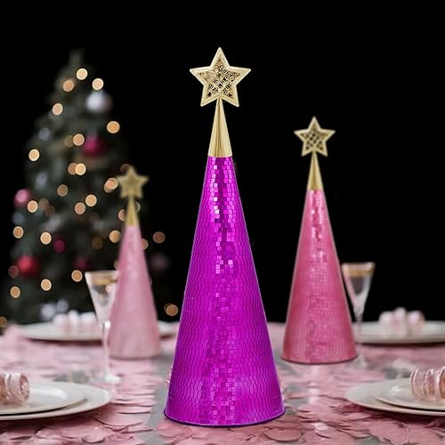 Miniatura 7 de Juego de 3 árboles de Navidad de cristal rosa y morado, 17, 15, 13 pulgadas, pequeño árbol de Navidad hecho a mano, decoración de discoteca para