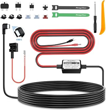 Dash Cam Hardwire Kit USB-C Port,12V-24V to 5V 2.5A Car Dash Camera Charger Power Cord, 2 cores, 4 Types 4m Hard Wiring Kit for Car Cam Car Charger Power Cord