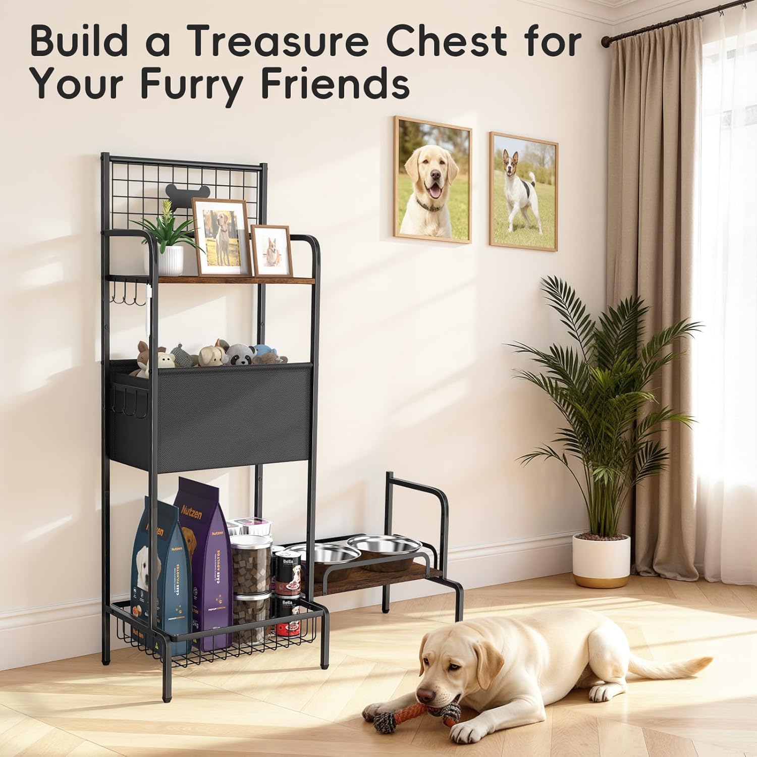 Elevated Dog Bowl Stand, Adjustable Raised Dog Stand, Pet Feeding Station Cabinet with Storage Organizer, Large Toy Bin Basket, Lifted Food and Water Bowl Holder for Large Medium Small Breed