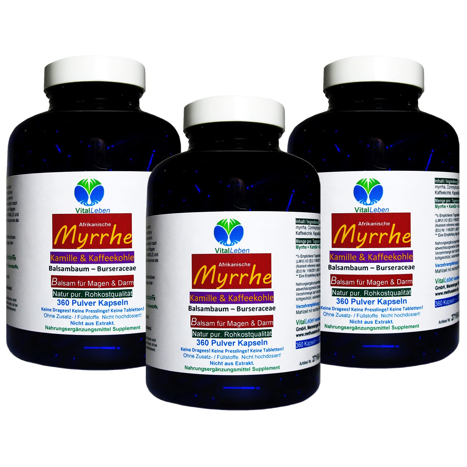 MYRRHE + KAMILLE + KAFFEEKOHLE 1080 Pulver Kapseln (3x360) für den gestressten Darm nach AYURVEDA und Hildegard von Bingen - NATUR pur - OHNE ZUSATZSTOFFE [18 Monate] 27160-7