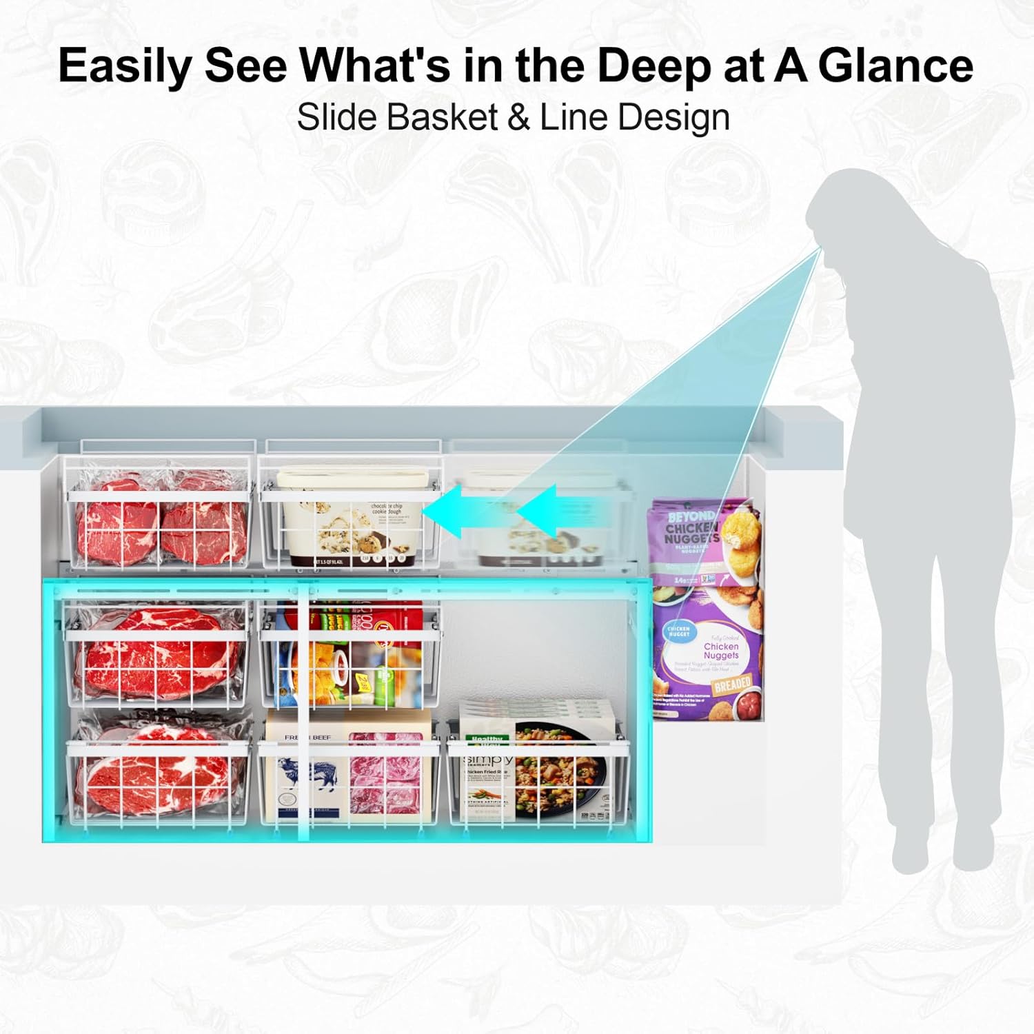 iSPECLE Freezer Organizer System - Fits 14.8 to 16 Cu.Ft Deep Freezer 4pc Hanging Chest Freezer Organizer & 3pc Stackable Freezer Bins & 2 Tier Freezer Rack Easy Slide to Find and Get Food, White