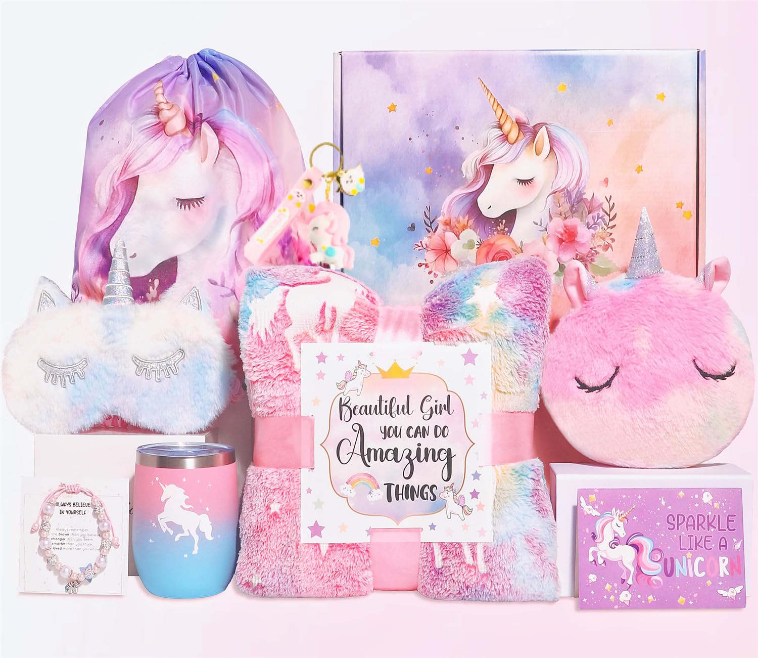 Unicorn Toys for Girls Age 4-6, Kindergarten Preschool Graduation Birthday Gifts for Girls Age 4 5 6 7 8 9 10 11 12 Year Old Toddler Teen, Glow in The Dark Blanket Cup Purse Bracelet Keychain