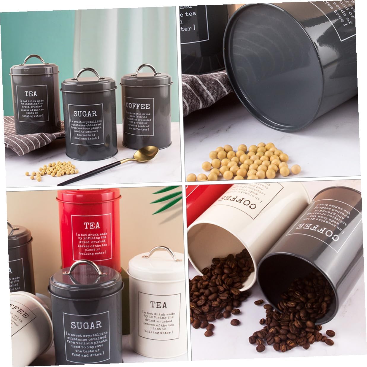 Nordic Style Metal Coffee Canister, Tea Leaf and Sugar Storage Jars with Lids, 3pcs Kitchen Food Storage Set for Pantry Organization Random Style