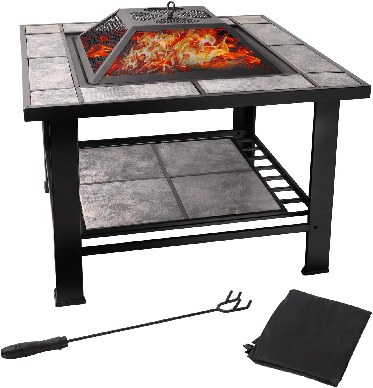 30" Fire Pit Table with Marble Tile Top, Fire Pit with