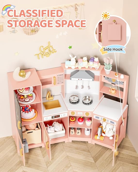 MAMIZO Wooden Corner Play Kitchen, Interactive Toddler Pretend Kids Kitchen | Playset with Blackboard, Stove & Range Hood with Light & Sound, Ice Maker, Washing Machine, 6 Toy Set
