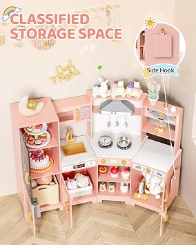 MAMIZO Wooden Corner Play Kitchen, Interactive Toddler Pretend Kids Kitchen | Playset with Blackboard, Stove & Range Hood with Light & Sound, Ice Maker, Washing Machine, 6 Toy Set
