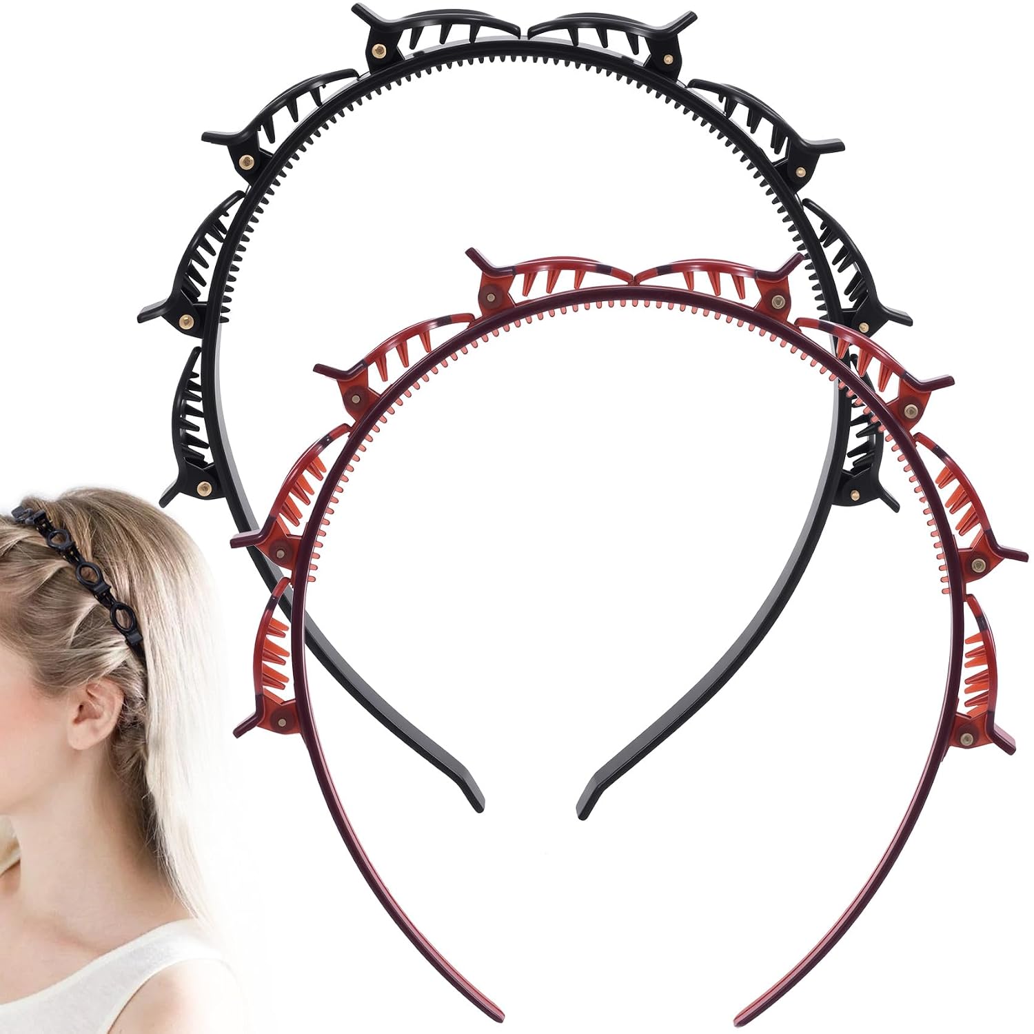 2 Pcs Hairpin Braided Headband, Double Layer Headband With Clips, Non-Slip Toothed Weave Bang Clip Headbands for Women Hair Accessories Daily Office- Black, Brown