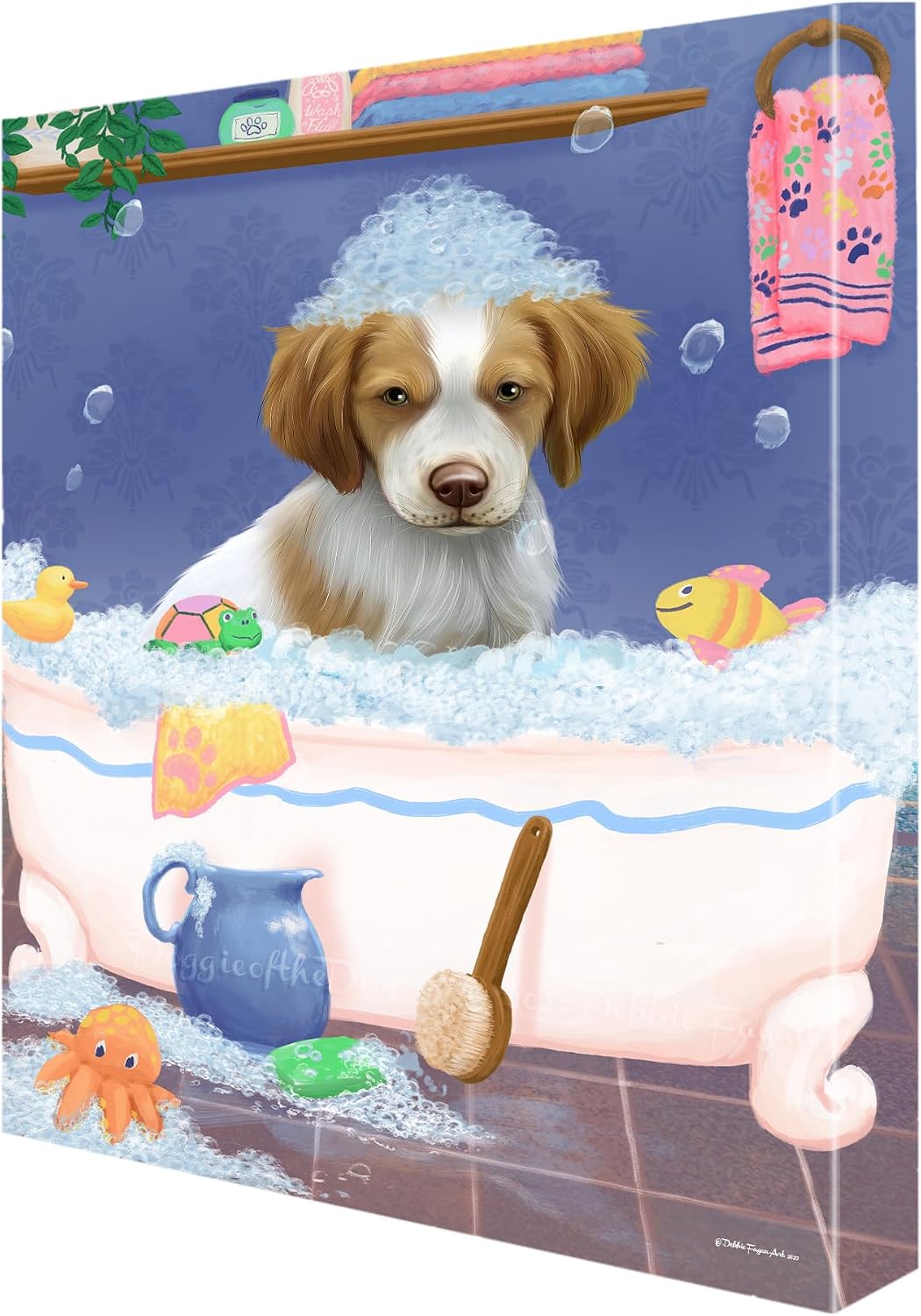 Doggie of the Day Rub a Dub with Brittany Spaniel Dogs Canvas Wall Art - Premium Quality Ready to Hang Room Decor - Flat Rolled 16" x 20"
