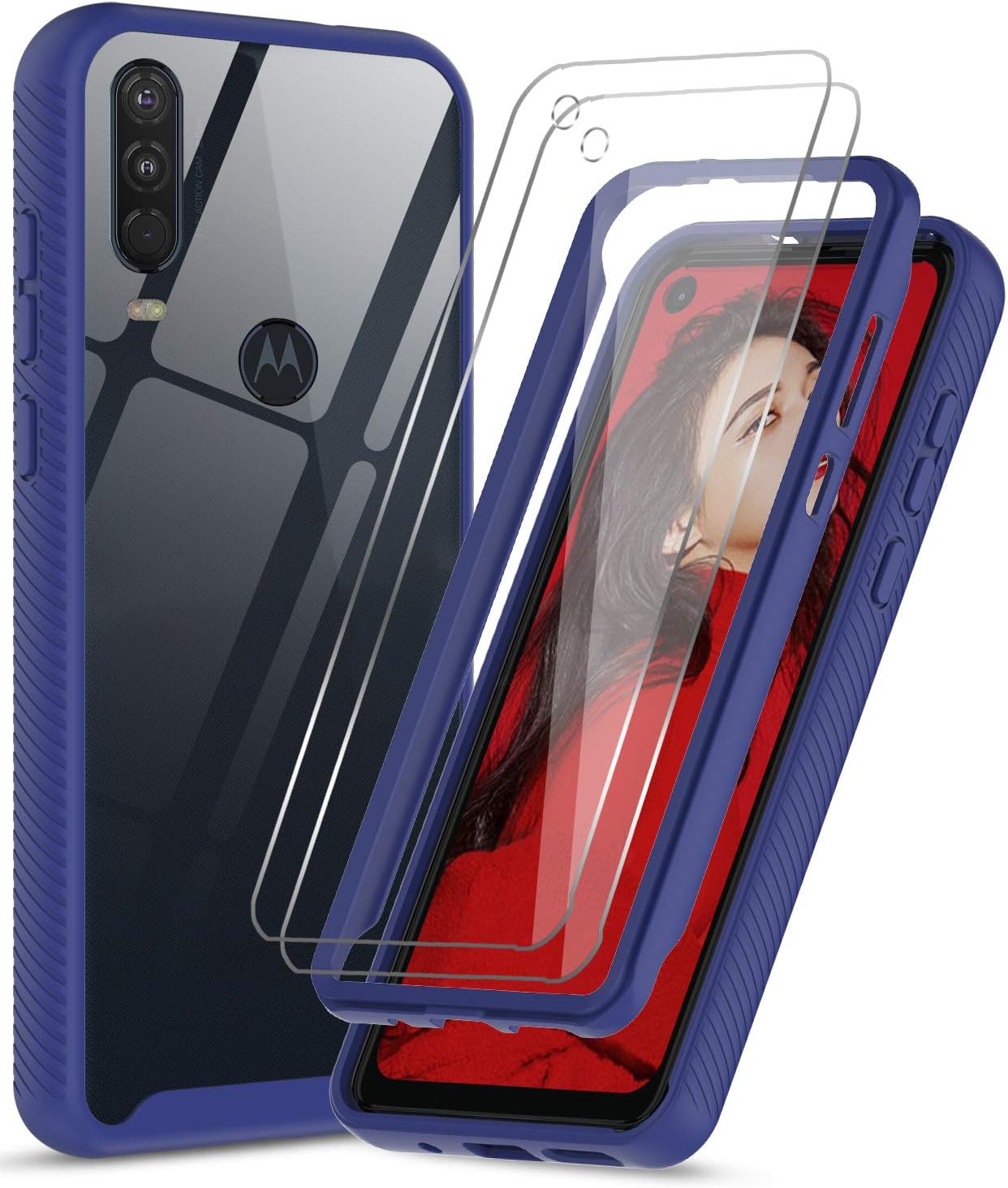 LeYi Case for Moto One Action Case, Moto P40 Power Case with Glass Screen Protector [2 Pack], Full-Body Protective Hybrid Rugged Clear Shockproof Phone Cases for Motorola One Action, Navy Blue