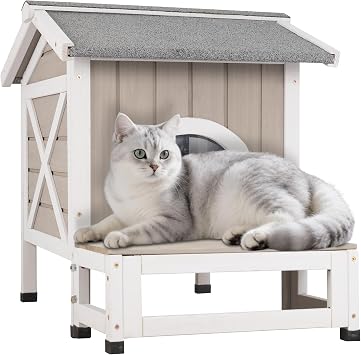 Insulated Outdoor Cat House Weatherproof Feral Cat Shelter for Winter Outside Cat Houses for 1-2 Cats Indoor Pets Condo with Waterproof Roof & Escape Door, 6.3" Raised Base & Balcony