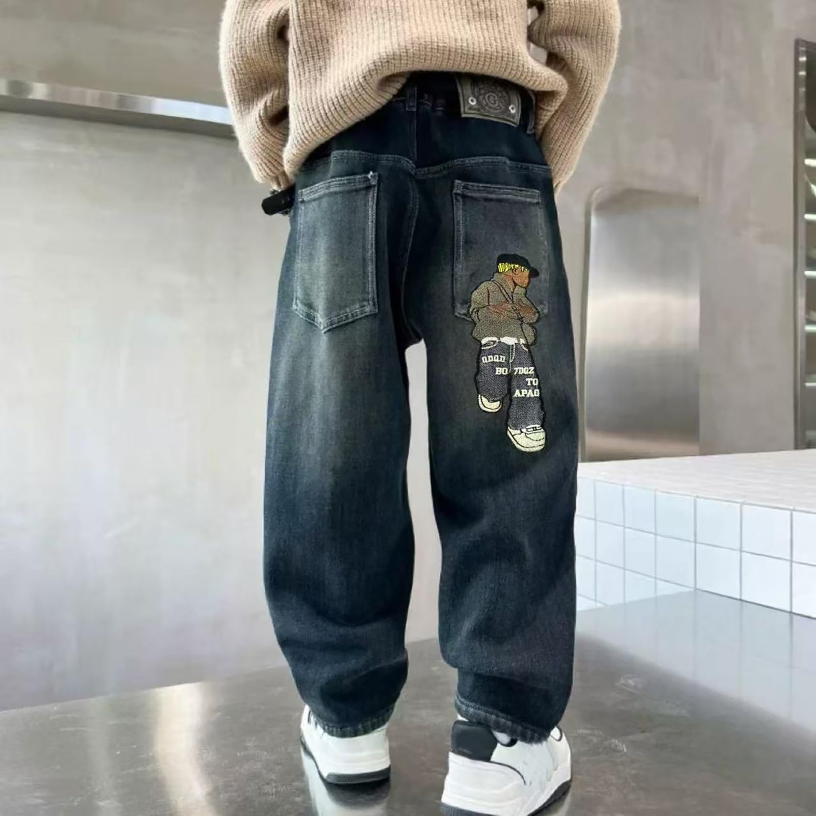 Generico Jeans Bambino 5-14 Anni Elasticizzati Larghi Pantaloni Jeans Denim Ragazzo con Elastico in Vita Gamba Dritta Morbidi Pantaloni Lavoro Cargo Loose Invernali Y2K Streetwear Tasche