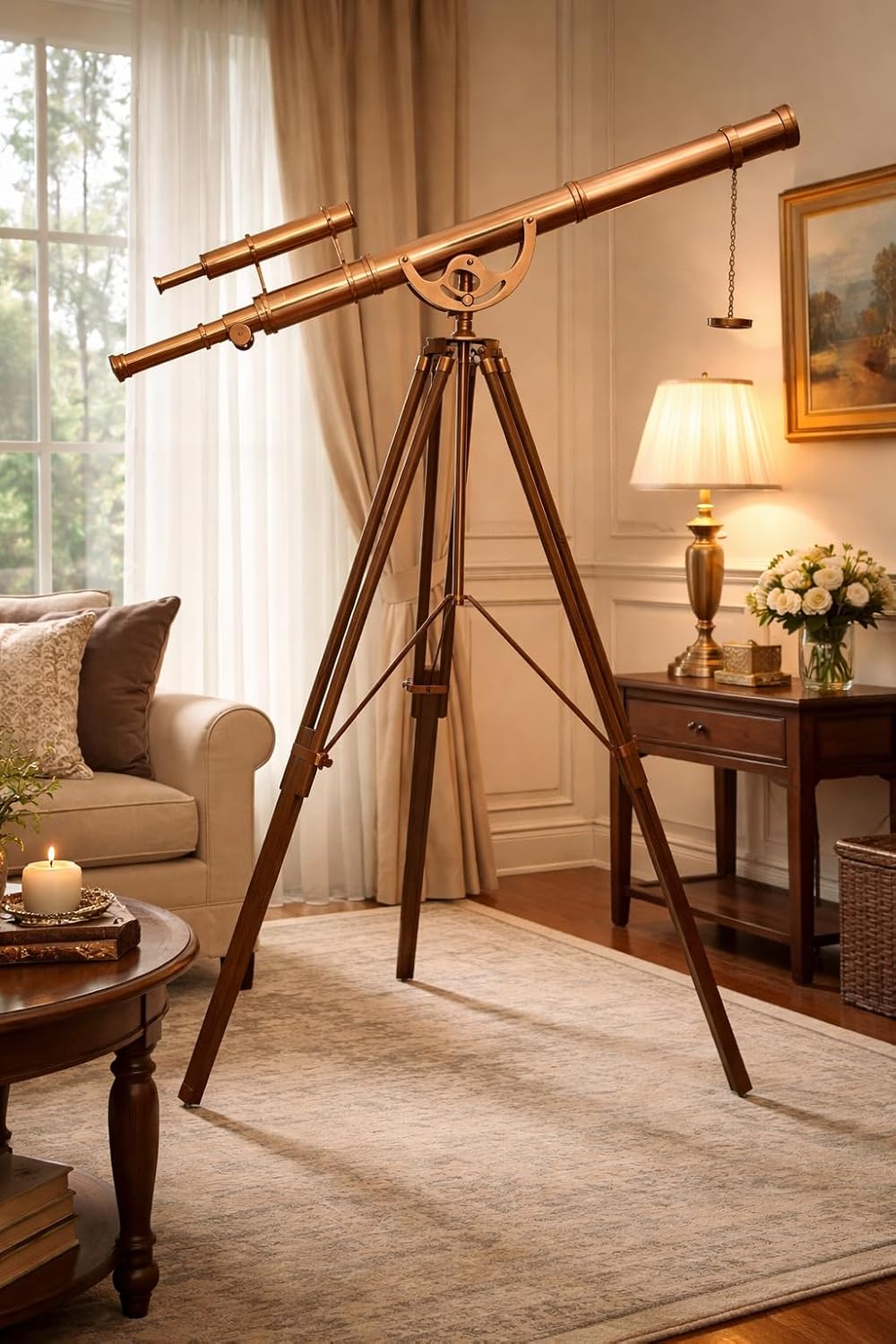 Vintage Handmade Marine Navy Shiny Copper Finish Brass Telescope with Natural Wooen Teak Tripod Stand