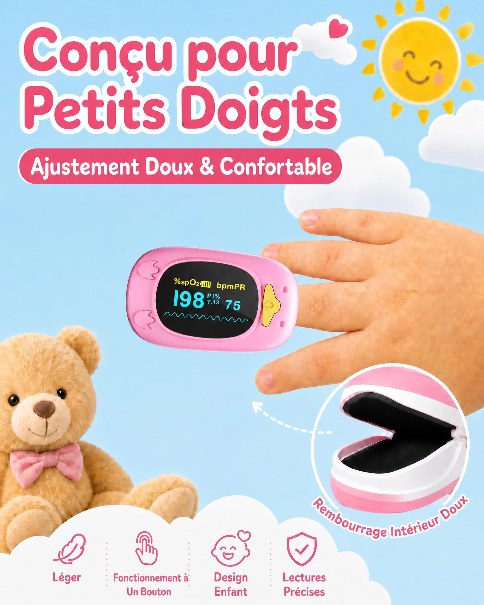 HealthTree 50A Oxymètre de Pouls Enfants, Saturomètre Pédiatrique Digital | Écran OLED Mesure 8-10s Saturation Oxygène(SpO2), Fréquence Cardiaque et PI, pour Maison Voyage (Batterie et Cordon Inclus)