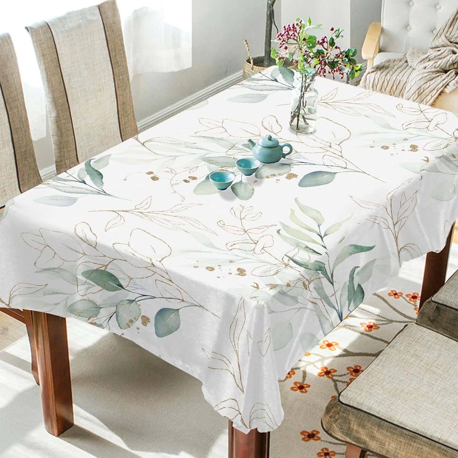 Rectangle Tablecloth Watercolor Floral Leaves Pattern