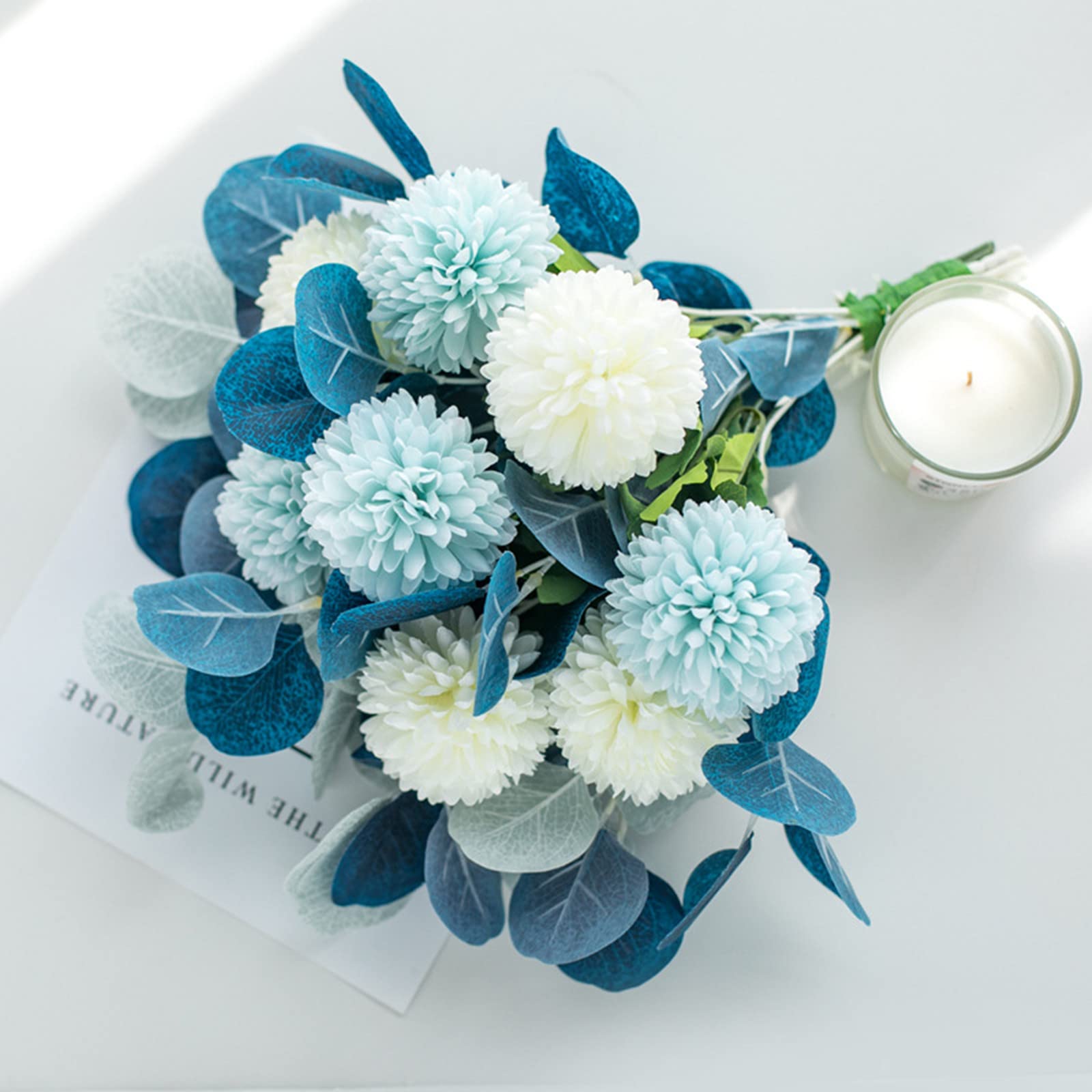 BLOSMON Kuenstliche Blumen mit Vase Tischdeko Kunstblumen im Vasen Plastik Blumenstrauss Unechte Dekoblumen Blau Seidenblumen Blumengestecke für Balkon Garten Hochzeit Wohnzimmer Drinnen Tisch Deko