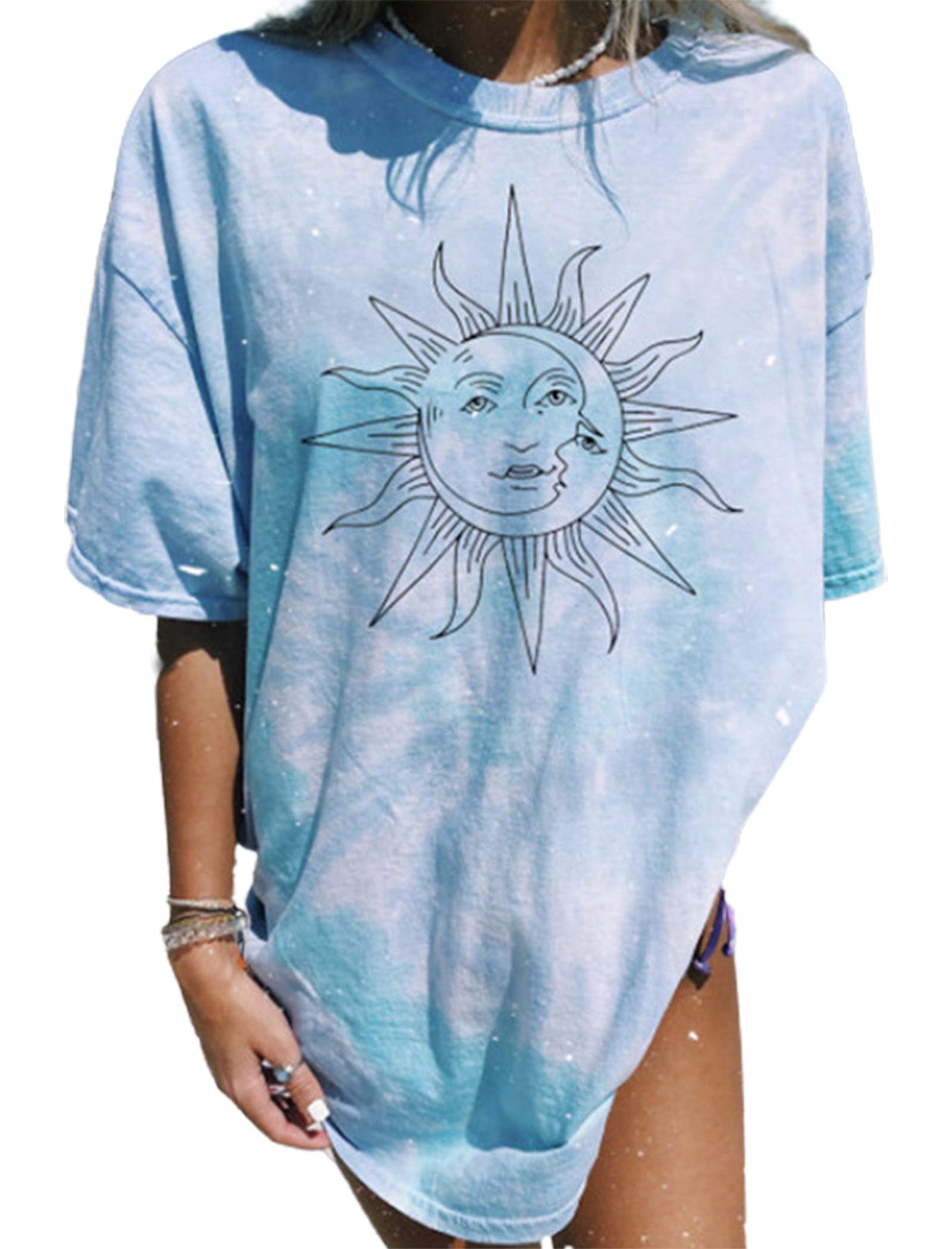 Women Sun and Moon Tie Dye T-Shirt Round Neck Short Sleeve Top Casual Funny Cute Teen Girl Tee