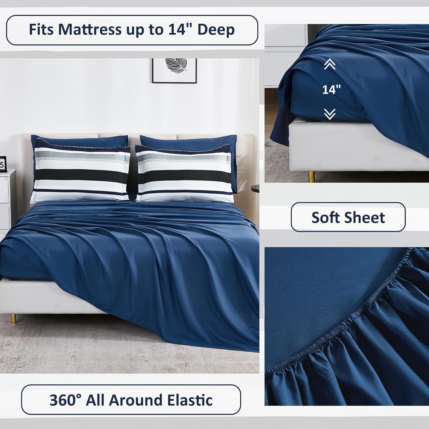 WONGS BEDDING Comforter Full Size, Navy Blue Bedding Comforter Set for Full Bed, Striped Bed in a Bag Full Size Comforter Sets for All Season 90"×78" - Image 3