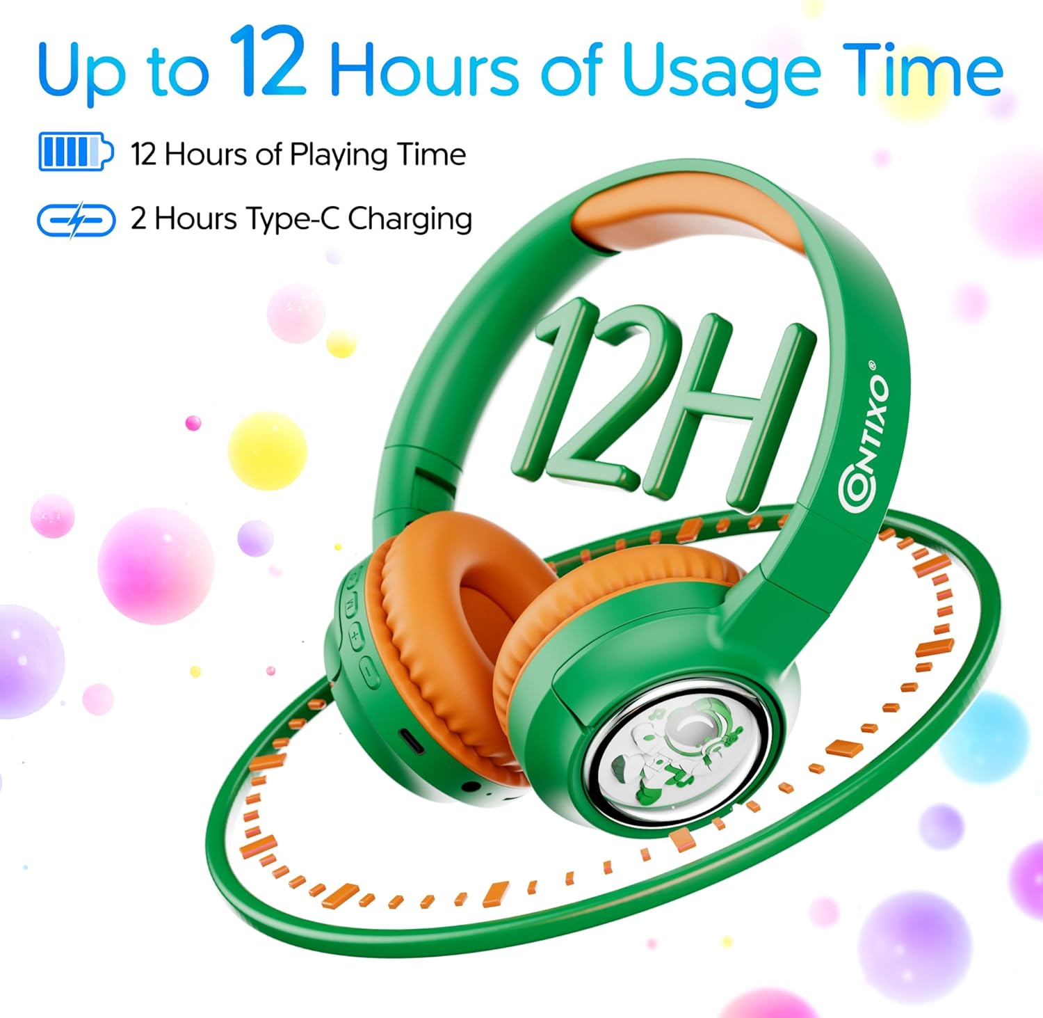 Contixo Kids Bluetooth Headphones, Green Wireless & Wired Over-Ear 85dB Volume Limiting, LED Lights, Foldable, Adjustable Headband, Mic Lightweight Noise-Limiting Design for Boys & Girls