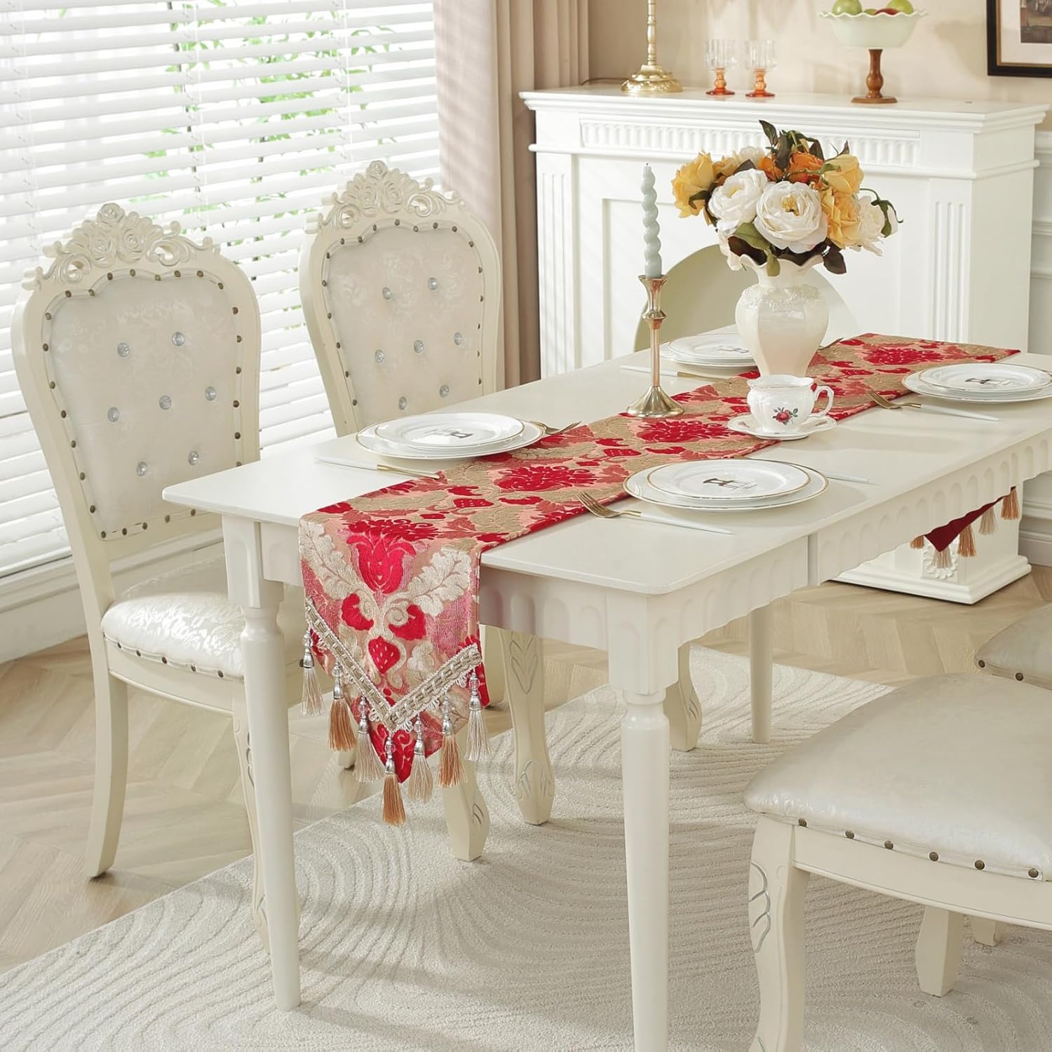 Chenille Luxury Embroidered Jacquard Table Runner with Delicate Multi-Tassels for Dining Room Dresser Party Decoration, 11" x 48", Red