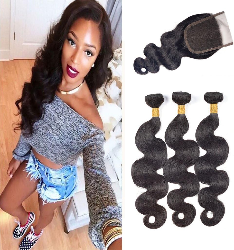 Ali AMY Brazilian Hair Weave Human Hair Bundles Body Wave 3 pcs With Lace Closure Free Part (12,14,16+10 Inch) Unprocessed Virgin Brazilian Hair Weave Bundles Natural Color