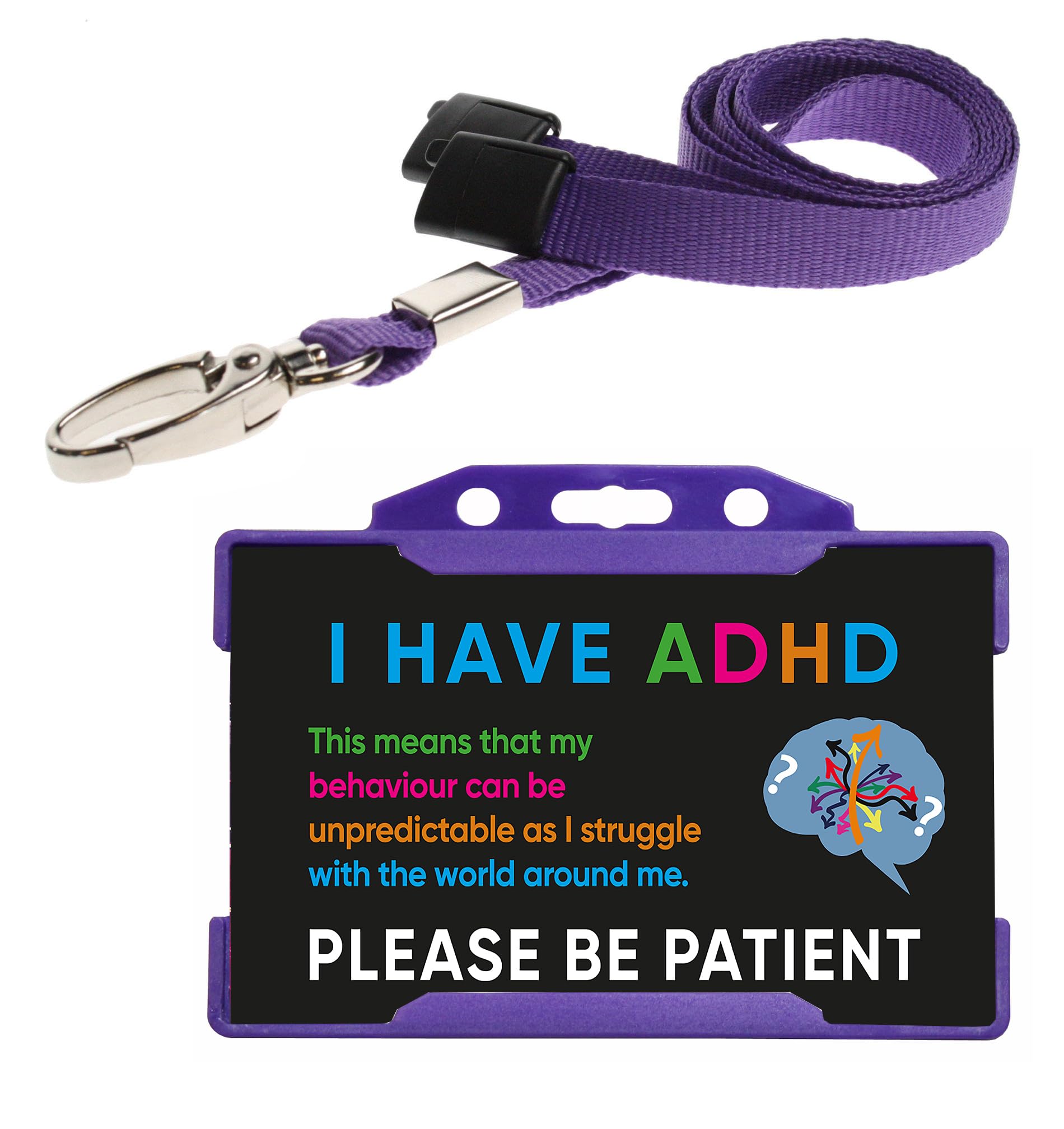 Quantum Leap ADHD Hidden Disability Card Black I Have ADHD Please Be Patient Card with Purple Badge Holder & Lanyard